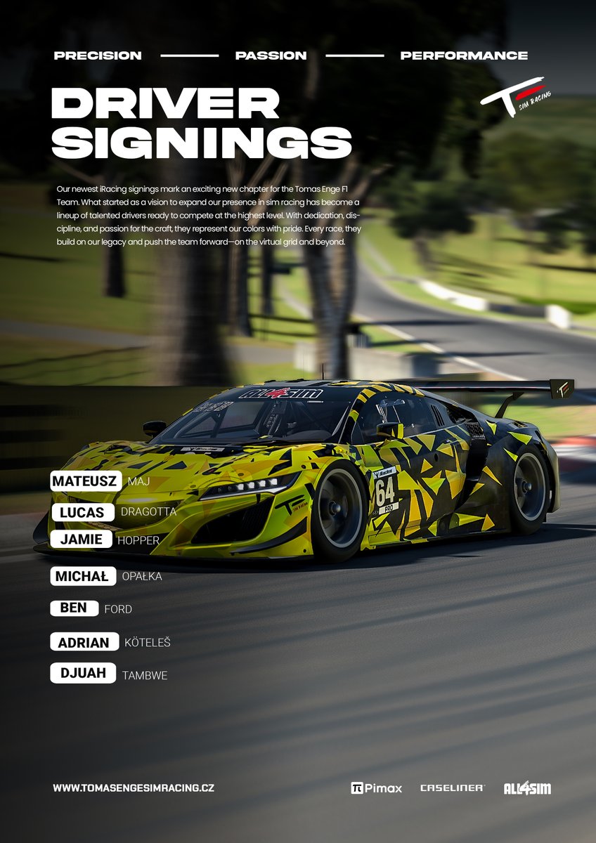 SEVEN SIGNINGS IN 1 DAY 😍

The iRacing side would like to welcome: ⤵️
- Mateusz Maj
- Lucas Dragotta
- <a href="/JamieHopz/">Jamie Hopper</a> 
- <a href="/m1choo_/">Michał Opałka</a>
- <a href="/benford15337185/">Ben ford</a>
- <a href="/DjAden99/">Aden</a>
- Adrian Köteleš (academy)

We are more than prepared for the next events! 💪