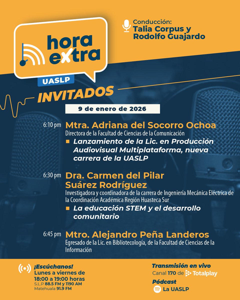 ➡️ Sintoniza este viernes 9 de enero a Talia Corpus y Rodolfo Guajardo, en el espacio informativo "Hora extra"🎙️

🟠 #AlAire en punto de las 18:00 horas por las frecuencias de <a href="/radiotvuaslp/">Radio y Televisión UASLP</a>
📻 radioytelevision.uaslp.mx

#UASLP <a href="/FCC_UASLP/">Facultad de Ciencias de la Comunicación UASLP</a> <a href="/fciuaslp/">Ciencias de la Información UASLP</a>