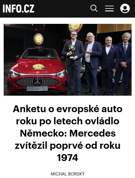 infocz_web's tweet image. Evropským autem roku se po půl století stal německý Mercedes. Má to ale vůbec nějaký význam, když je tahle kdysi prestižní anketa/soutěž už jen výkladní skříní PR specialistů? Komentář Michala Borského na INFO.CZ 👉 info.cz/zpravodajstvi-… 

#COTY #CaroftheYear