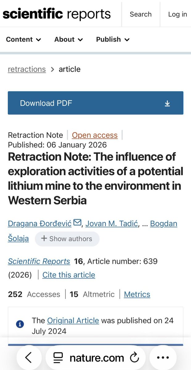 i_videnovic's tweet image. Kraj priče o "fantastičnom radu naših naučnika u vodećem svetskom naučnom časopisu Nature" (istina: Scientific Reports, Journal Impact Factor 3.9), na kome je bazirana celokupna antilitijumska i antirudarska kampanja i politički profili ekoloških pokreta, opozicioni predlog…