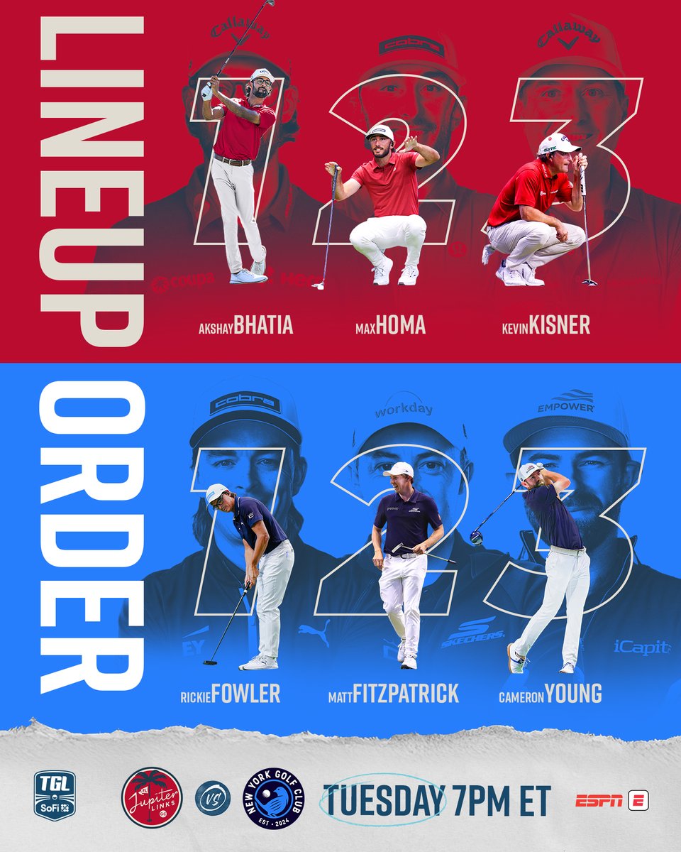 TGL's tweet image. 🚨 LINEUP ORDER SET

Here's how @JupiterLinksGC and @nygolfclub are lining up to tee off Tuesday on ESPN! ⛳️