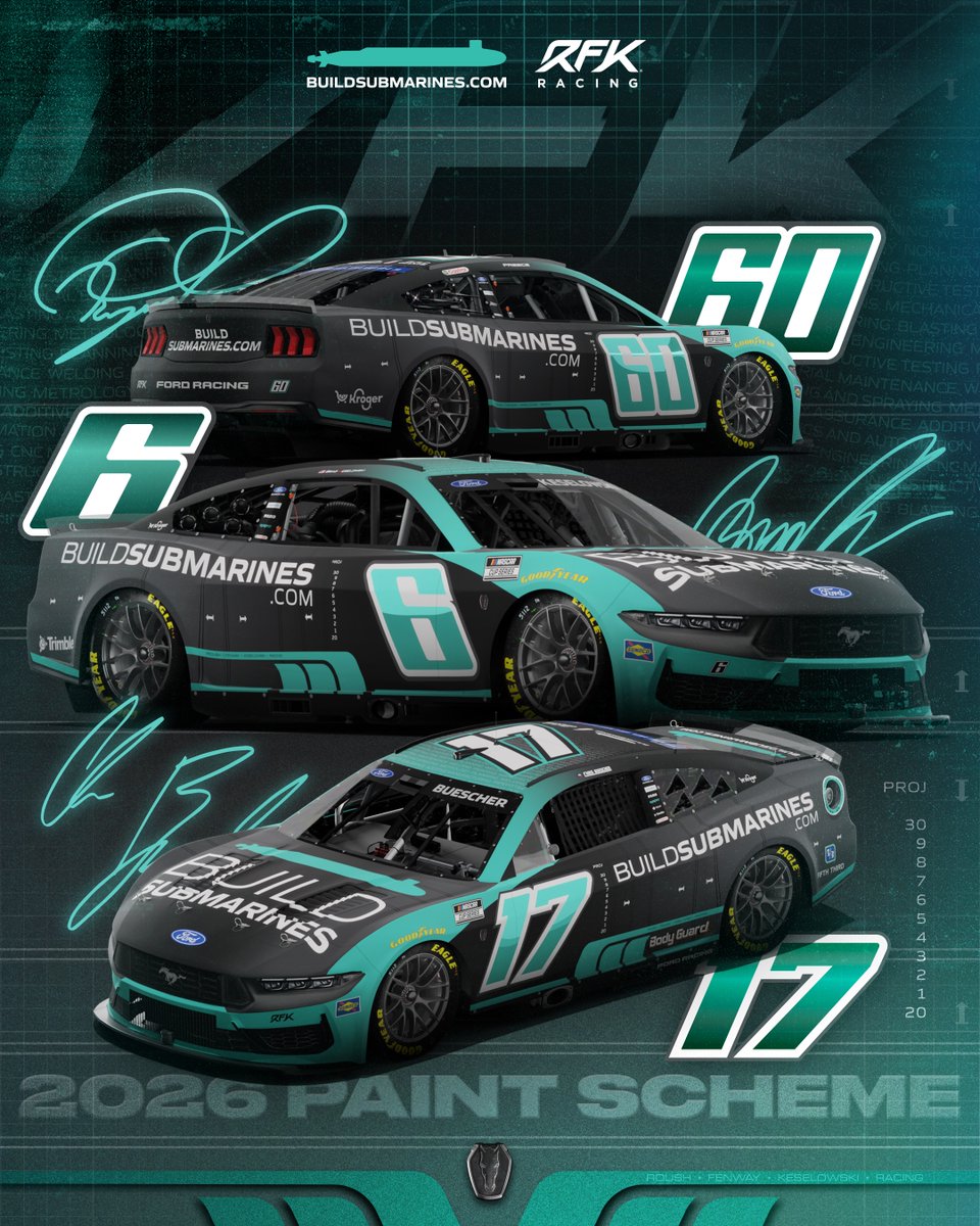 RFKracing's tweet image. Built for flank speed. 🌊 

Our @BuildSubmarines Mustangs are getting a fresh look for '26.