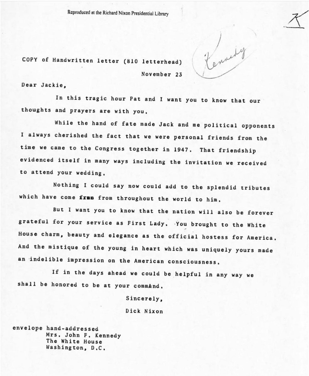 Richard Nixon’s 🇺🇸 letter to Jackie Kennedy on the occasion of the assassination of her husband John F. Kennedy 🇺🇸 in 1963

#POTUS 🎂 🎈 
<a href="/nixonfoundation/">Richard Nixon Foundation</a> <a href="/JFKLibraryFdn/">JFK Library Foundation</a>