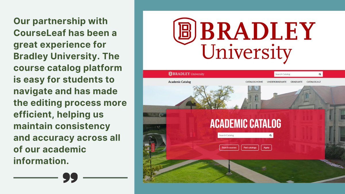 CourseLeaf's tweet photo. Bradley University is live with CourseLeaf CAT, and we love seeing how they’re using it to support students with an easy-to-navigate catalog — while helping their team work more efficiently behind the scenes. View their catalog: https://t.co/mr4O8Ho67o https://t.co/0u57eH02DQ