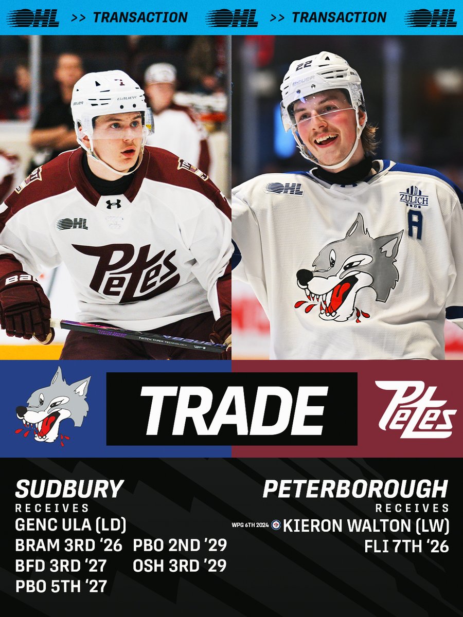 OHLHockey's tweet image. A big deadline deal!

The @PetesOHLhockey have added Kieron Walton and a draft pick from the @Sudbury_Wolves in exchange for Genc Ula and five draft picks.

DETAILS 🗞️: tinyurl.com/hbe5nt42