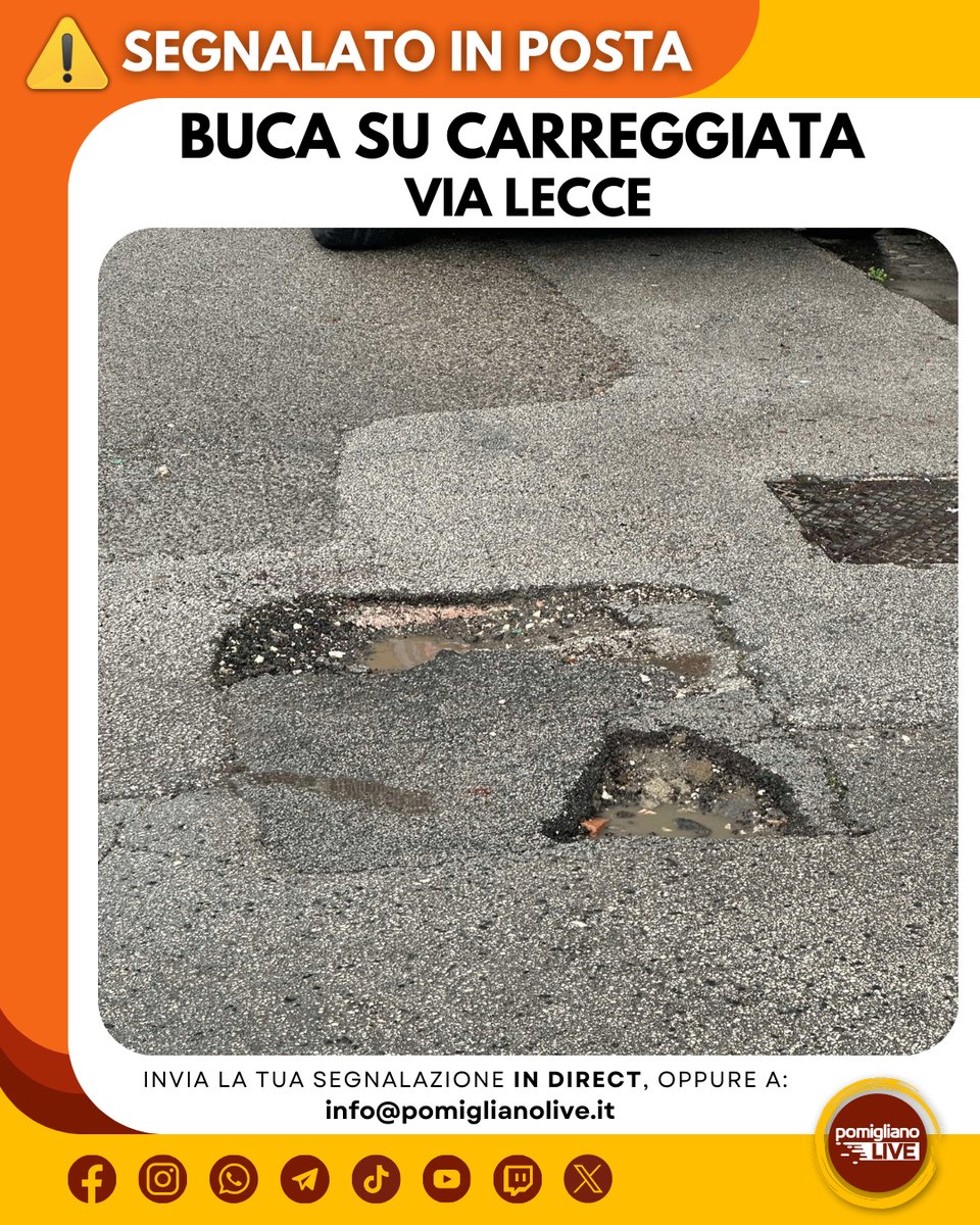 ‼️Segnalazione ricevuta in posta ✉️
⚠️ATTENZIONE, ⚠️
Buca su carreggiata in 𝐕𝐈𝐀 𝐋𝐄𝐂𝐂𝐄
✔️Seguici su Instagram instagram.com/pomiglianolive 
#pomigliano #pomiglianodarco #pomiglianolive #segnalazione