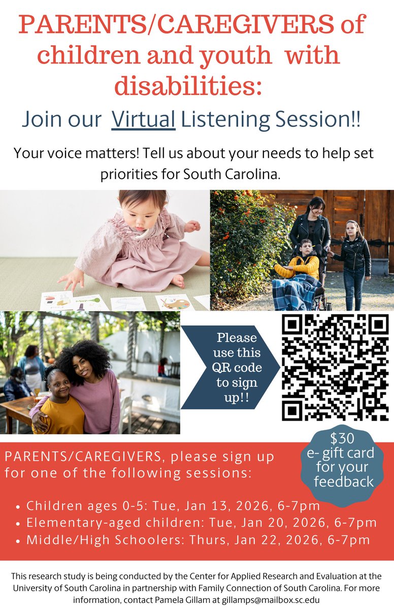 Parents &amp; caregivers of children &amp; youth with disabilities, Family Connection of South Carolina would love for you to join one of their Virtual Listening Sessions to provide feedback about your needs. $30 e-gift card for your feedback!