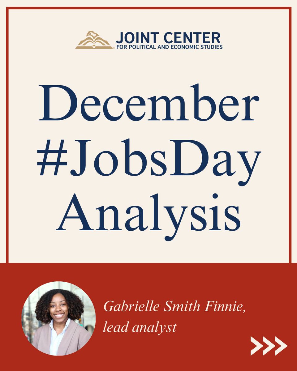 JointCenter's tweet photo. For #JobsDay, the Joint Center analyzes the employment numbers from the Bureau of Labor Statistics and showcases what the numbers mean for Black workers. Our Dec. Jobs Day analysis by Joint Center Senior Policy Analyst, Workforce Policy Dr. Gabrielle Smith Finnie, is below. 🧵 #JobsReport