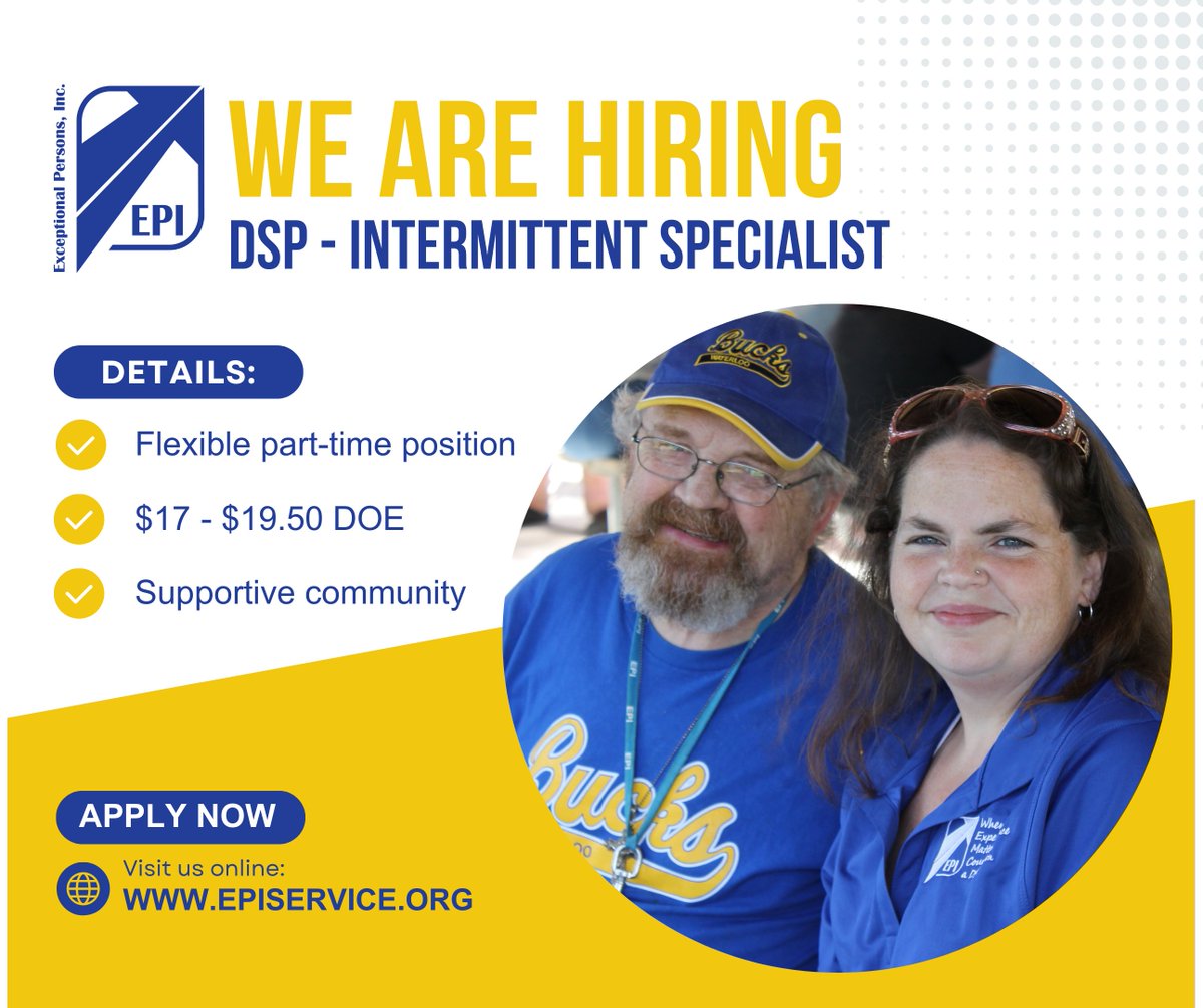 Looking for Flexibility? Make a Difference with EPI!
Join our team as a DSP – Intermittent Specialist and enjoy a role that fits your life while helping others thrive. >>> episervice.bamboohr.com/careers/509?so…

#NowHiring #FlexibleWork #PartTime #DSP #WeAreEPI