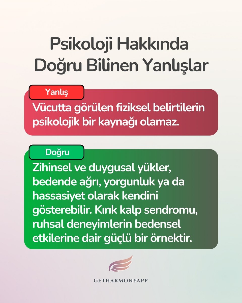 GetHarmonyApp's tweet photo. ❌Vücutta görülen fiziksel belirtilerin psikolojik bir kaynağı olamaz.
✅ Zihinsel ve duygusal yükler, bedende ağrı, yorgunluk ya da hassasiyet olarak kendini gösterebilir. Kırık kalp sendromu, ruhsal deneyimlerin fiziksel etkilerine dair güçlü bir örnektir.

#getharmonyapp #keşfet #sanaözel #fyp #psikolojidedoğrubilinenyanlışlar