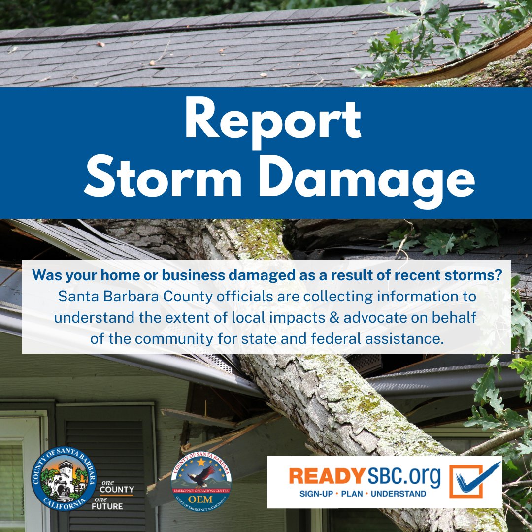📢 Did your home or business sustain damage as a result of December or January storms? 
The County of Santa Barbara is collecting damage reports that will assist public safety officials in understanding the extent of local impacts.
📍Submit damage report: app.smartsheet.com/b/form/fd94e20…