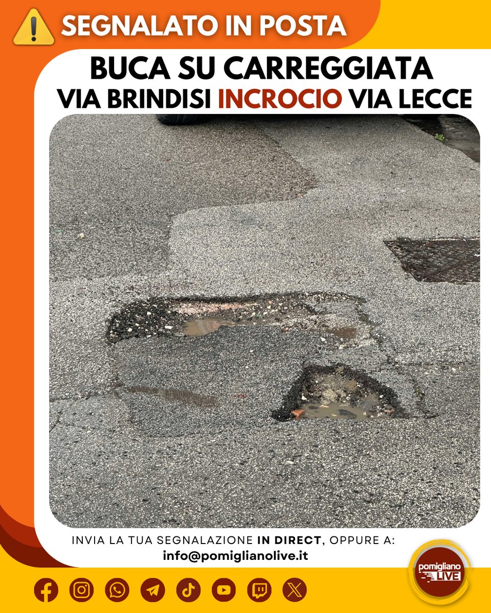 ‼️Segnalazione ricevuta in posta ✉️
⚠️ATTENZIONE, ⚠️
Buca su carreggiata: 𝐕𝐢𝐚 𝐁𝐫𝐢𝐧𝐝𝐢𝐬𝐢 𝐢𝐧𝐜𝐫𝐨𝐜𝐢𝐨 𝐜𝐨𝐧 𝐕𝐢𝐚 𝐋𝐞𝐜𝐜𝐞
✔️Seguici su Instagram instagram.com/pomiglianolive 
#pomigliano #pomiglianodarco #pomiglianolive #segnalazione