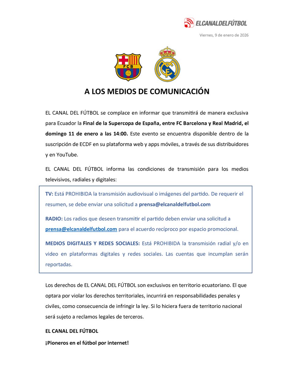 🚨 COMUNICADO OFICIAL | DERECHOS DE TRANSMISIÓN – SUPERCOPA DE ESPAÑA 📍