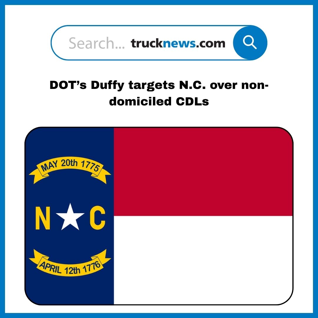 Todaystrucking's tweet image. North Carolina has become the latest state threatened with the loss of millions of dollars in federal funding by Transportation Secretary Sean Duffy over the issuance of non-domiciled #CDLs
trucknews.com/transportation…
#trucking #transportation