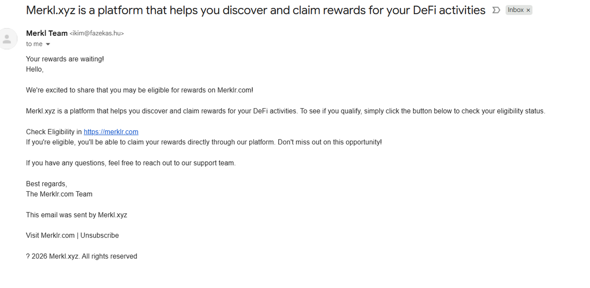 merkl_xyz's tweet photo. ⚠️ A phishing email campaign pretending to be Merkl is currently circulating.

These fake emails prompt recipients to claim rewards on a fraudulent website with the URL “merklr” (see image).

→ Merkl will never email you to claim rewards
→ The only legitimate link to claim rewards is https://t.co/QkUe3Stu4f
→ The only official Merkl account on X is merkl_xyz