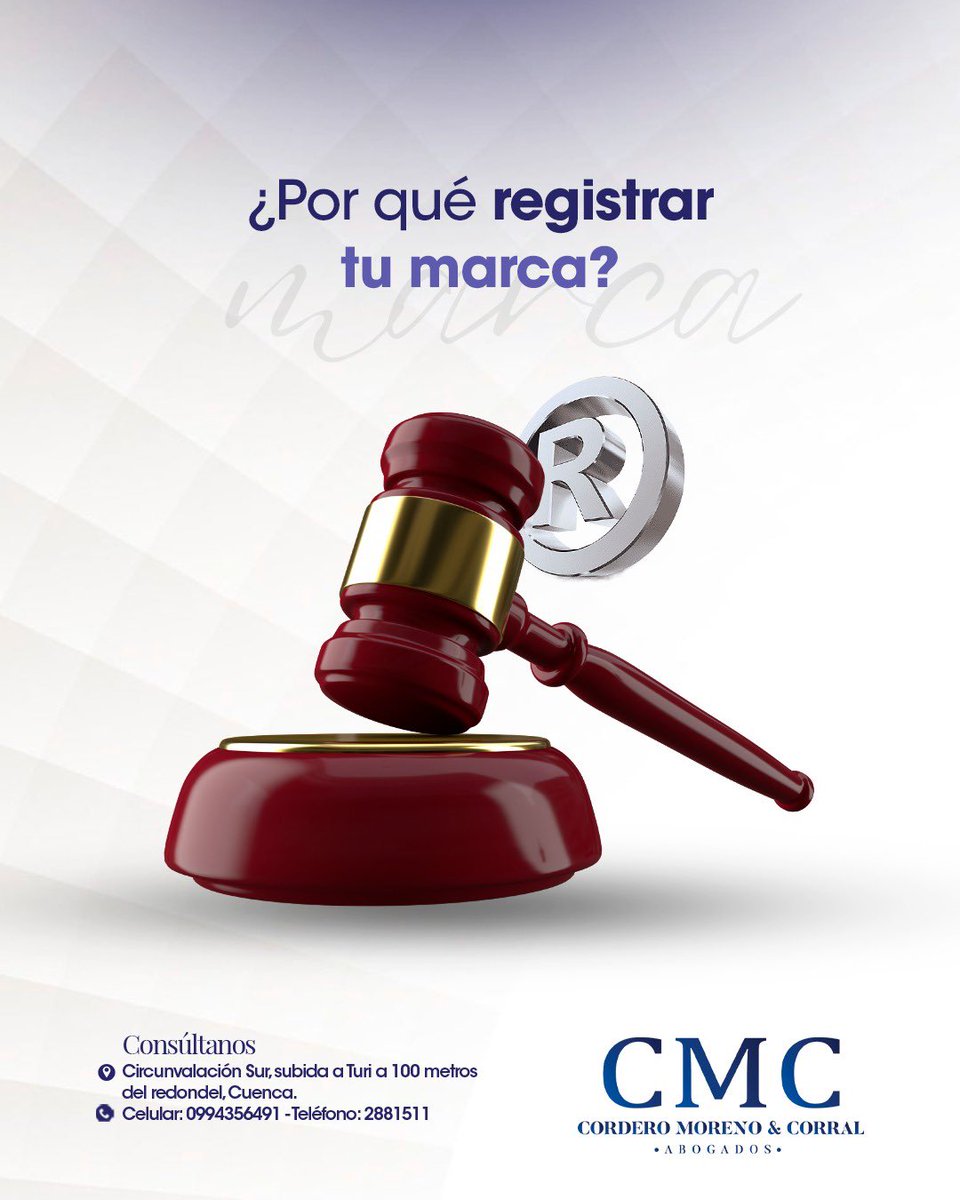 Registrar tu marca te da exclusividad, seguridad y valor comercial.
Es el primer paso para crecer con confianza.
⚖️ Asesoría legal especializada para empresas.

📱Celular: 0994356491
📞Teléfono: 2881511
✉️Correo: culloa@cmc.com.ec