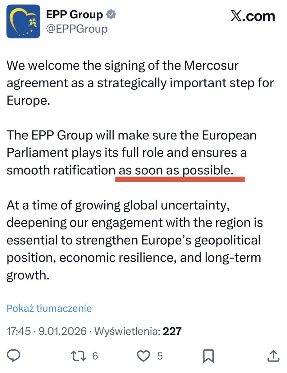 Europejska Partia Ludowa, której szefem przez lata był Donald Tusk i do której należy PO i PSL, w swoim dzisiejszym wpisie wprost wskazuje, że będą robić wszystko, by umowa z Mercosurem weszła w życie jak najszybciej. 

Cieszą się z jej przyjęcia i uważają za ważny krok dla UE.