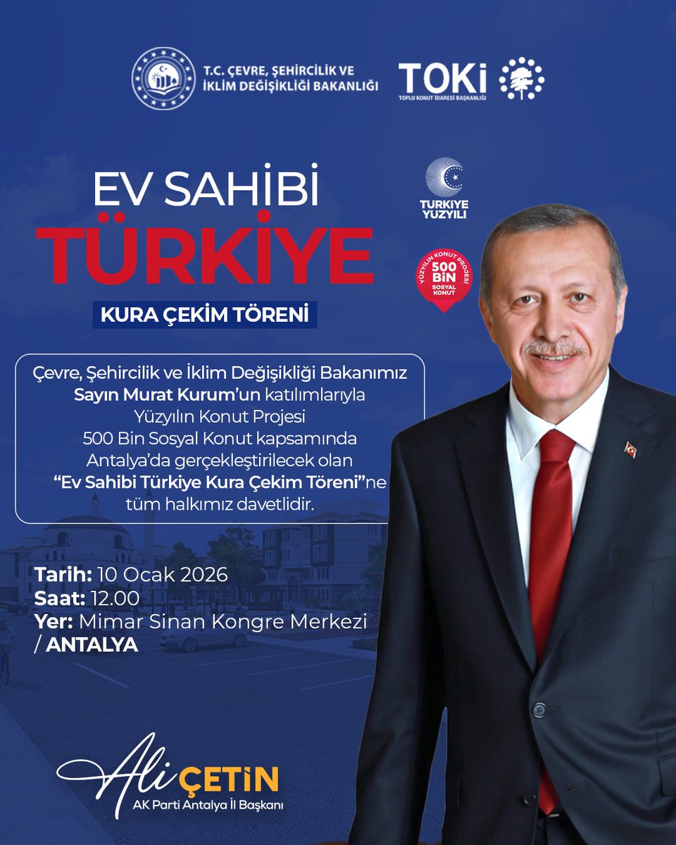 Ev Sahibi Türkiye 🏡

Cumhurbaşkanımız Sayın Recep Tayyip Erdoğan (<a href="/RTErdogan/">Recep Tayyip Erdoğan</a> ) liderliğinde başlatılan Yüzyılın Konut Projesi 500 Bin Sosyal Konut kapsamında Çevre, Şehircilik ve İklim Değişikliği Bakanımız Sn. Murat Kurum’un (<a href="/murat_kurum/">Murat KURUM</a> ) katılımlarıyla Antalya’mız için kura