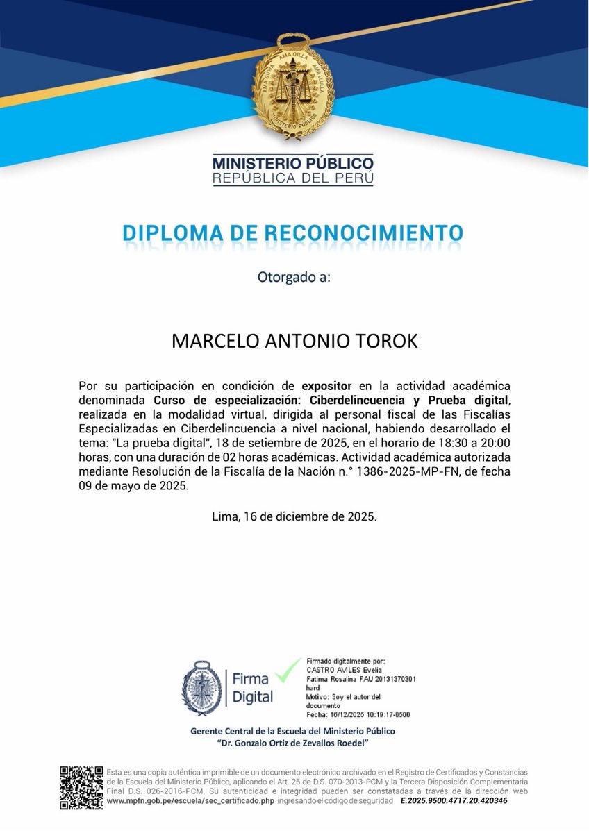 Muchas gracias por el reconocimiento, al Ministerio Público de la República del Perú.