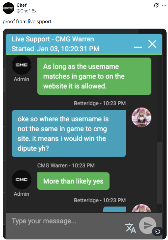 Chef15x's tweet photo. wrong acti - no show proof by admin stating we win https://t.co/HeEDiMErpM