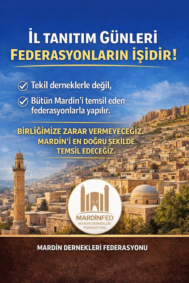 a_sagcan's tweet photo. İl tanıtım günleri; bireysel yapılarla değil, ilgili ilin sivil toplumunu temsil eden federasyonlar aracılığıyla düzenlenir.

Mardin Dernekleri Federasyonu, Federasyonumuza bağlı 52 derneğin ortak iradesiyle, Mardin’i en doğru ve kapsayıcı biçimde temsil etmeye devam edecektir.

Birliğimizi zedeleyen her türlü yaklaşımın karşısındayız.

Kamuoyuna saygıyla duyurulur.
@akpartiistanbul 
@abdullahozdemir 
@meozkaya 

#Mardin
#MardinTanıtımGünleri
#BirlikVeDayanışma