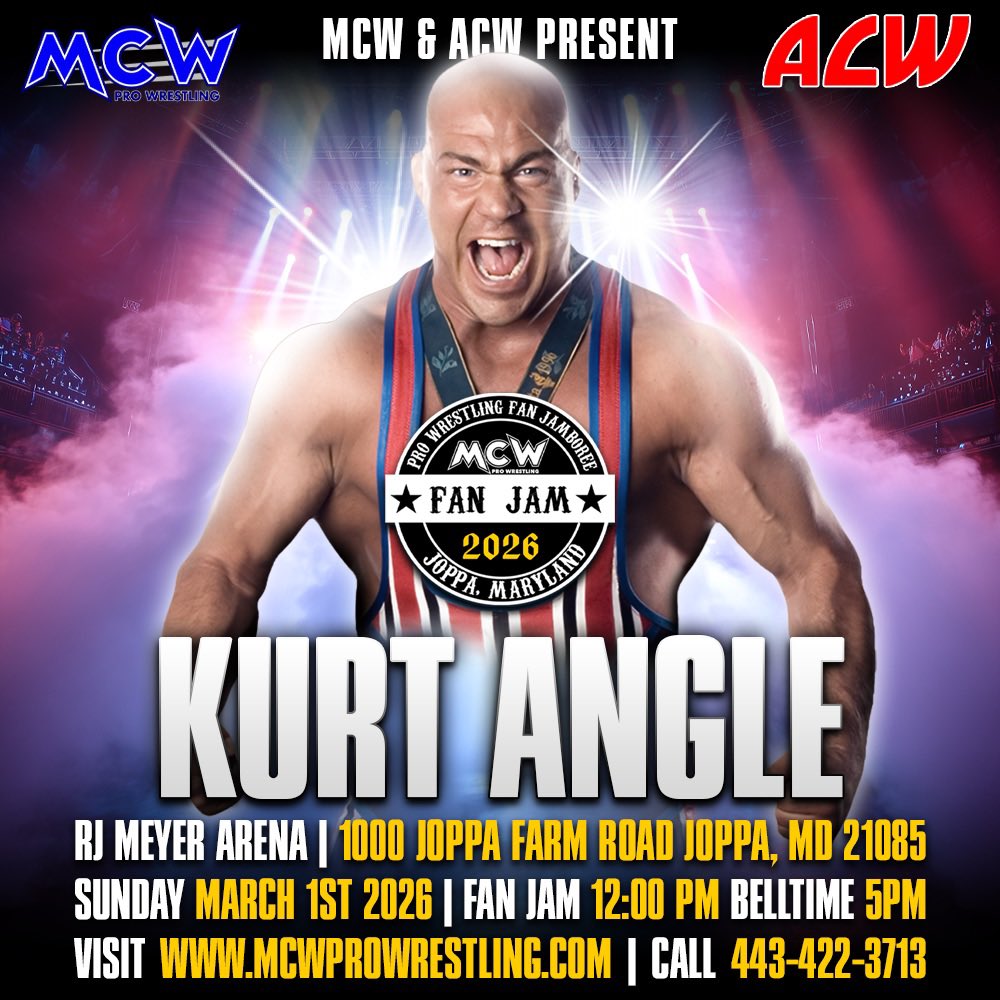 MCWWrestling's tweet image. Coming to #FanJam5 on Sunday March 1st from The RJ Meyer Arena in Joppa, #Maryland 👇👇

#WWE HoF’er @RealKurtAngle
#TNA’s @SamLeterna
#TNA’s @HarleyHudsonX
#GCW Star @TheKingNickGage 

Meet these stars and MORE 💥
Get tickets 🎟️ and event info at MCWProWrestling.com 🔗