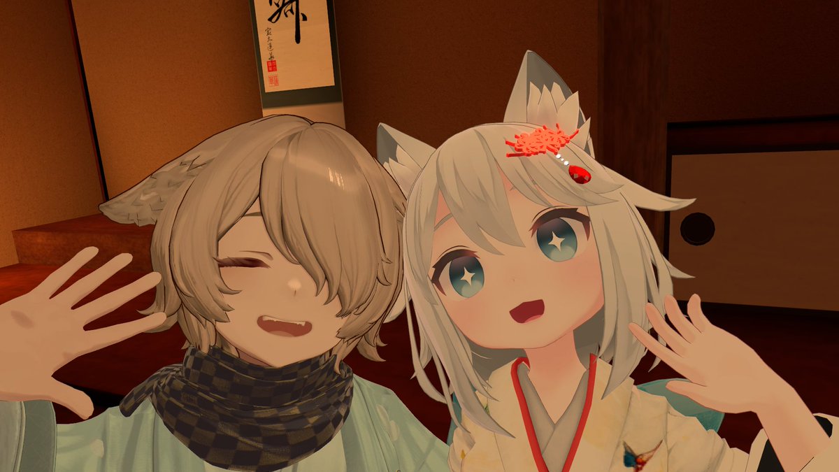 2部屋目はVRCバレードハマり中のLyankeさんとバレーもいいけどイベントも楽しむやなかずさん。バレー狂のLyankeさんを連れ出せるのはやなかずさんだけ！　色んなイベント行って膝を休めましょう！！　初めてのイベントこそペアで行くのオススメですよ！！ #VRCおうまがとき #VRChat