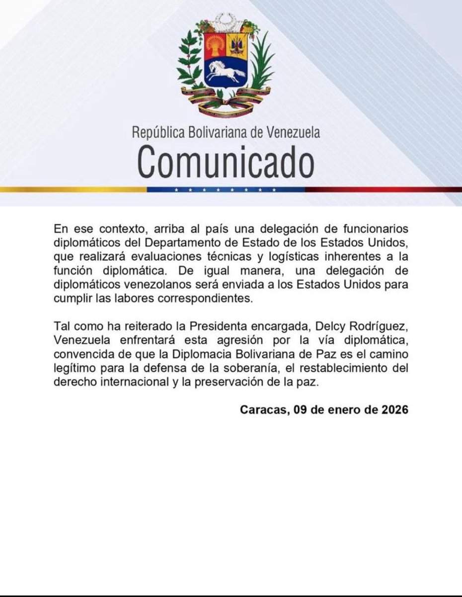 Cancillería de Delcy Rodríguez anuncia que ha iniciado “un proceso exploratorio” para restablecer las misiones diplomáticas de ambos países, y ratifica que una delegación de EEUU está en Venezuela para evaluar apertura de embajada.
(Interesante cómo enmarcan el asunto)