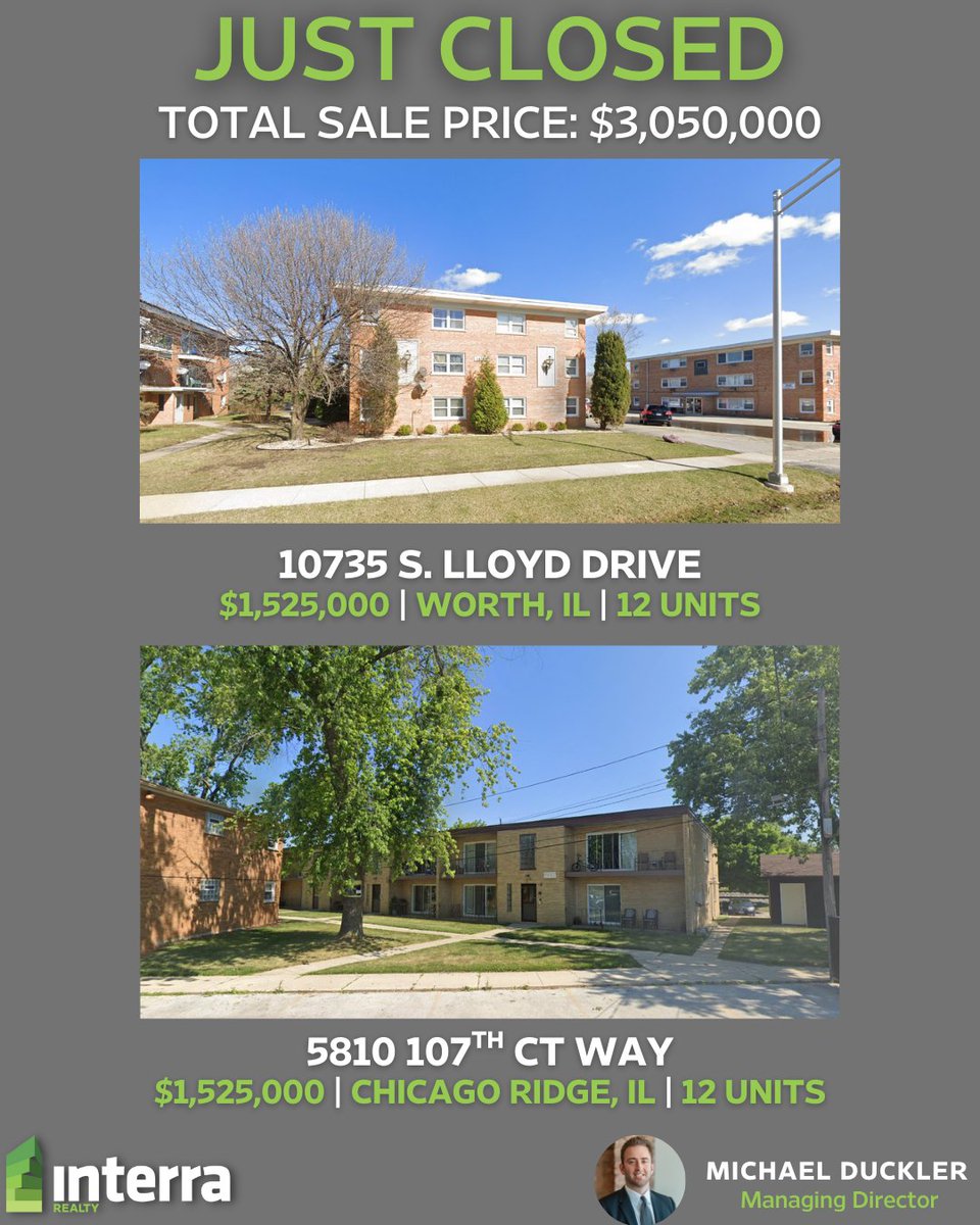 InterraRealty's tweet image. JUST CLOSED | Worth, IL | Chicago Ridge, IL
Congratulations to Interra Realty's Michael Duckler who brokered the sale of these 2 multifamily properties in Worth and Chicago Ridge, IL. Each property consists of 12 units and sold for a total of $3,050,000.
#CRE