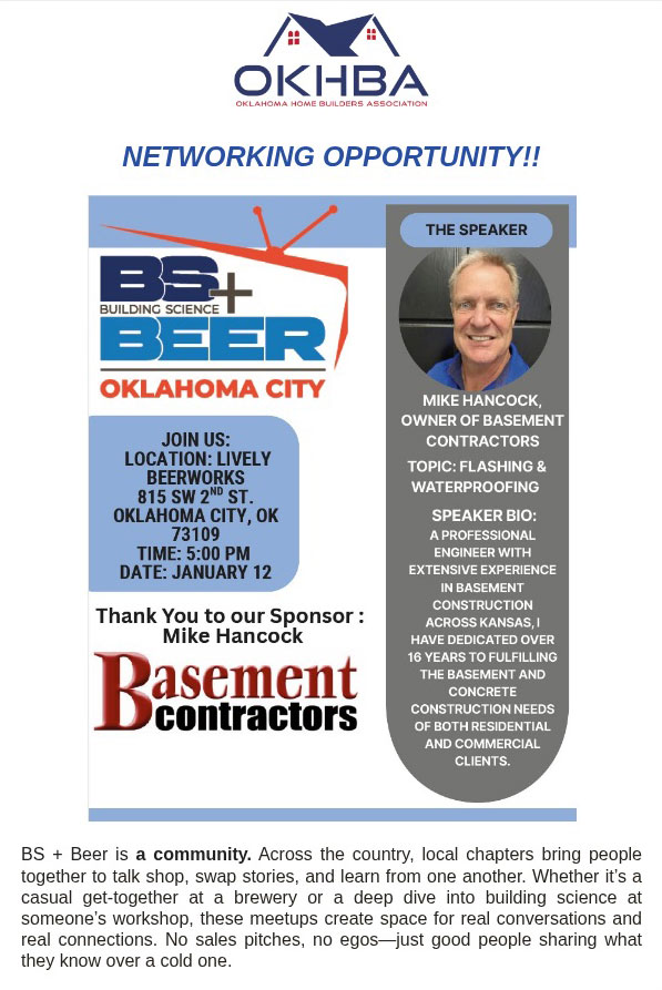 OklahomaHBA's tweet photo. Don't miss this great networking opportunity! Hear from Mike Hancock, owner of Basement Contractors, on flashing and waterproofing.

Date &amp; Time: Monday, January 12th at 5 p.m.
Location: Lively Beerworks (815 SW 2nd St in Oklahoma City, OK 73109)

See you there! #OkHBA https://t.co/FqHMQQC8Kr