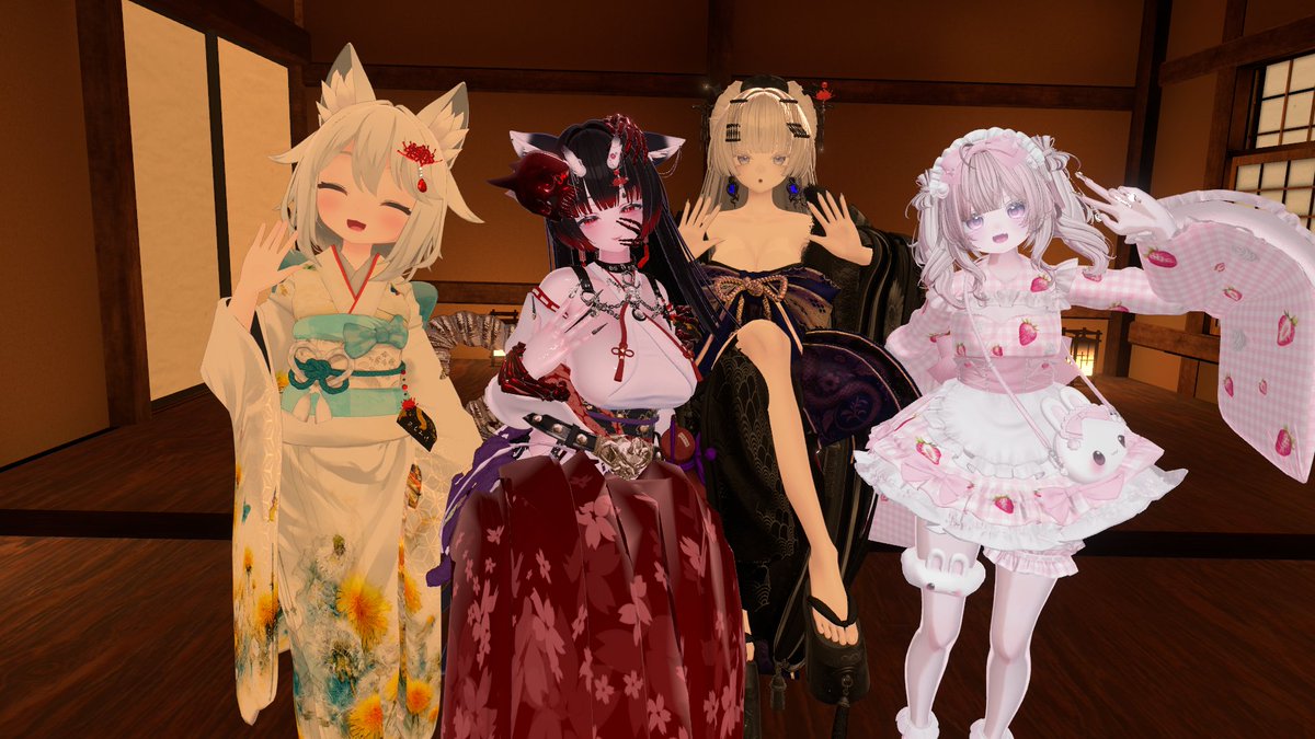 1.アフターは広間でお話を楽しんだ後Lyankeさんに室生橋や鐘撞き堂を紹介したり。癖になってんだ、アフターで1時の鐘鳴らすの……！
2.開館前に撮った部屋メンバーでのお写真。かわいい子からお姉さんまで、素敵な誘魅さんたちどんどん増えてます！ #VRCおうまがとき #VRChat