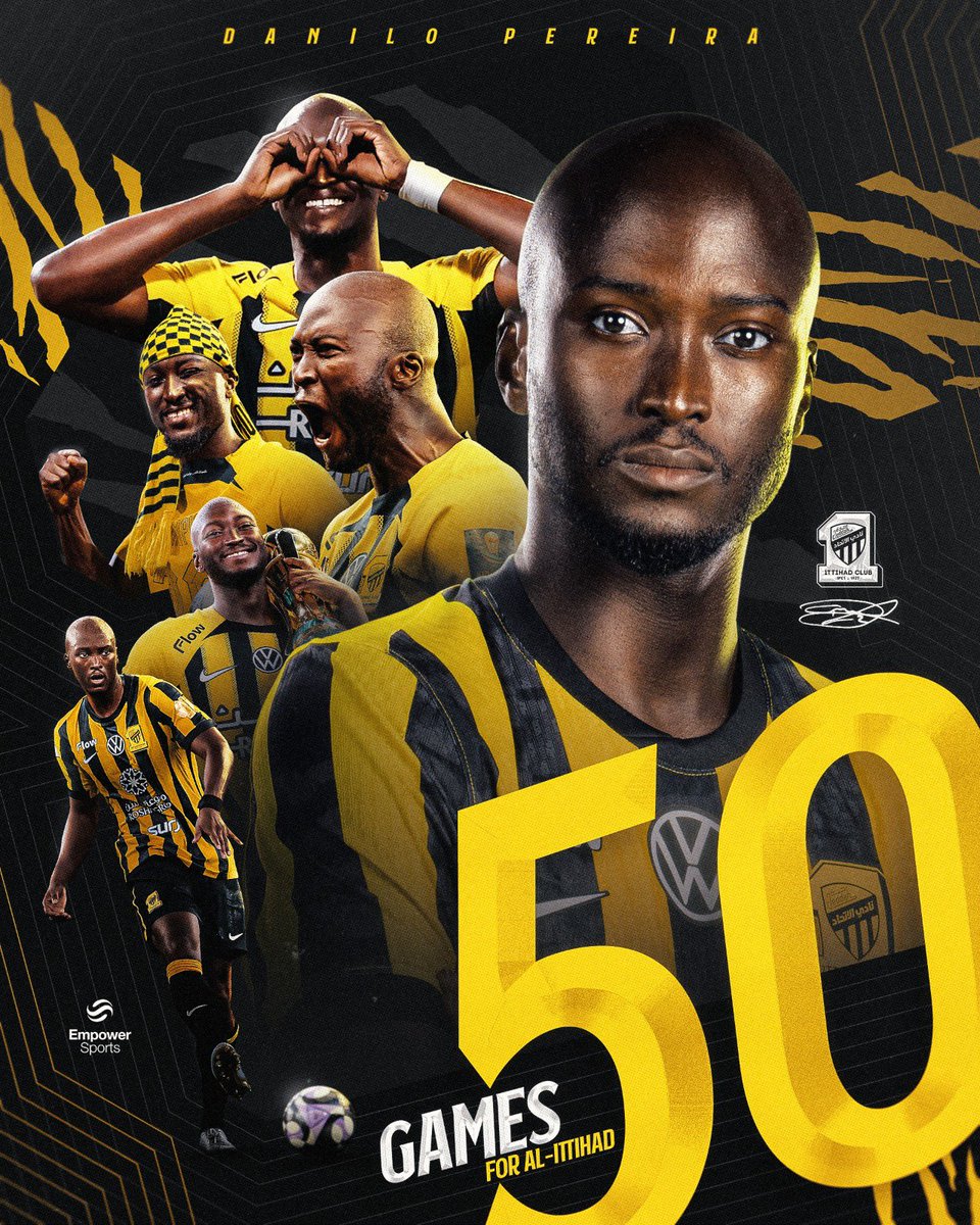 EmpowerSportsHQ's tweet photo. 5️⃣0️⃣ GAMES 🫡

@iamDaniloP reaches a beautiful milestone for Al-Ittihad built on consistency, leadership and winning mentality. 🐅💛 

A journey already crowned with the Saudi Pro League and King’s Cup titles 🏆🏆 https://t.co/x6qBBXraYk
