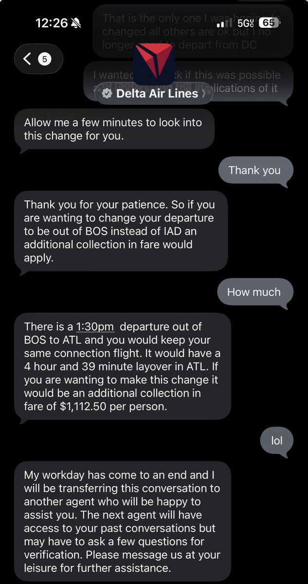 TheArzeicle's tweet photo. @Delta - how is your customer support eroding so quickly? I am a Diamond medallion, simple change.. I need to fly out of BOS to ATL instead of IAD to ATL. Cost of brand new flight online $200. Cost when I call customer service to help with the change. $1200.

#Delta https://t.co/gUMnXTN2Qd