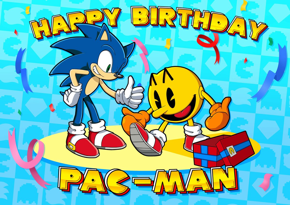 semifreqsonic's tweet image. To celebrate Pac-Man's 40th birthday, Sonic got him a pair of his own running shoes, and has been wearing them on and off whenever they hang out.
