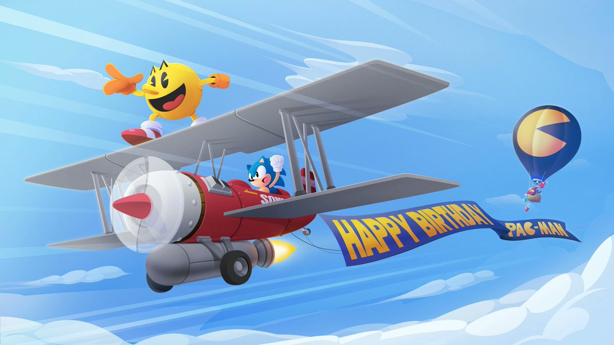 semifreqsonic's tweet image. To celebrate Pac-Man's 40th birthday, Sonic got him a pair of his own running shoes, and has been wearing them on and off whenever they hang out.