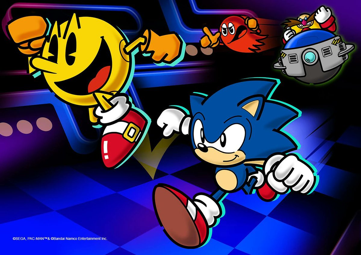 semifreqsonic's tweet image. To celebrate Pac-Man's 40th birthday, Sonic got him a pair of his own running shoes, and has been wearing them on and off whenever they hang out.
