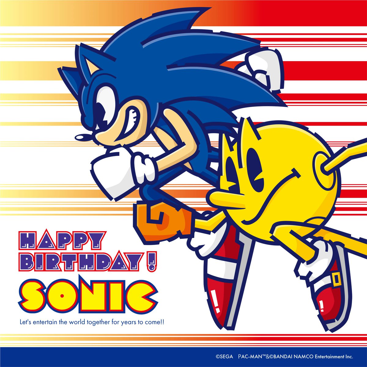 semifreqsonic's tweet image. To celebrate Pac-Man's 40th birthday, Sonic got him a pair of his own running shoes, and has been wearing them on and off whenever they hang out.