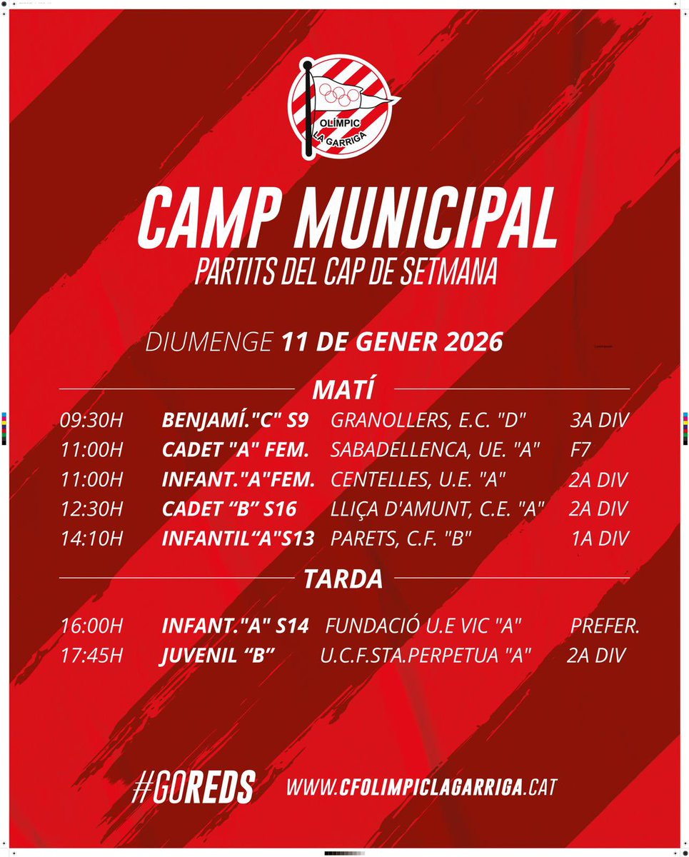 CFOlimpic's tweet photo. Horaris dels partits del 10 i 11 de gener de 2026 dels equips del #FBase, #FAmateur i #FutFem del #CFOLG que es jugaran al Camp Municipal d’Esports de #laGarriga.

#CFOLG
#goreds🔴🔴 https://t.co/ZlsItOOx92