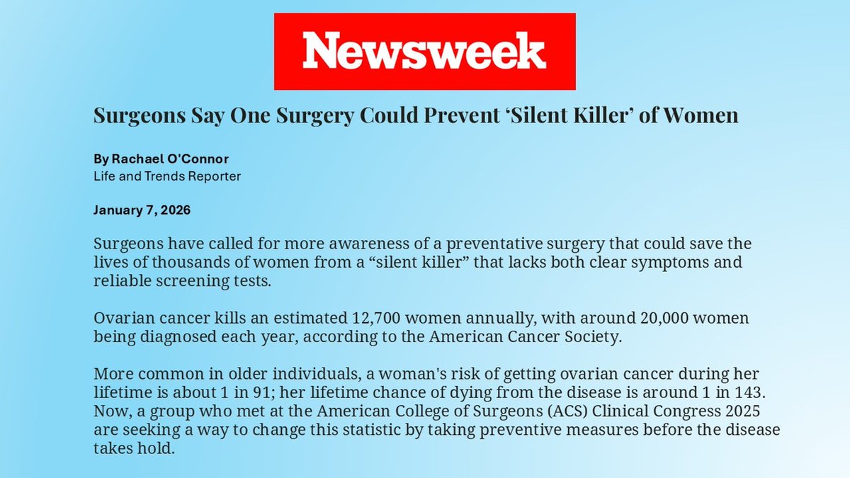 HopkinsMedNews's tweet photo. Recent article in @Newsweek (https://t.co/m7Bgk4BKsg) quotes @HopkinsMedicine @hopkinssurgery’s @JosephSakran &amp; GYN/OB’s Rebecca Stone on their call for #Fallopiantube removal during other abdominal surgery in women past childbearing as preventive measure against #OvarianCancer. https://t.co/eteODvsnOj