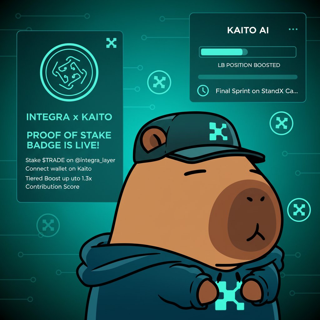 GN everyone I took a proper look at how @KaitoAI is compounding mindshare  this week and two things stood out 1) Integra x Kaitl “proof of stake  badge” is live. Stake $TRADE