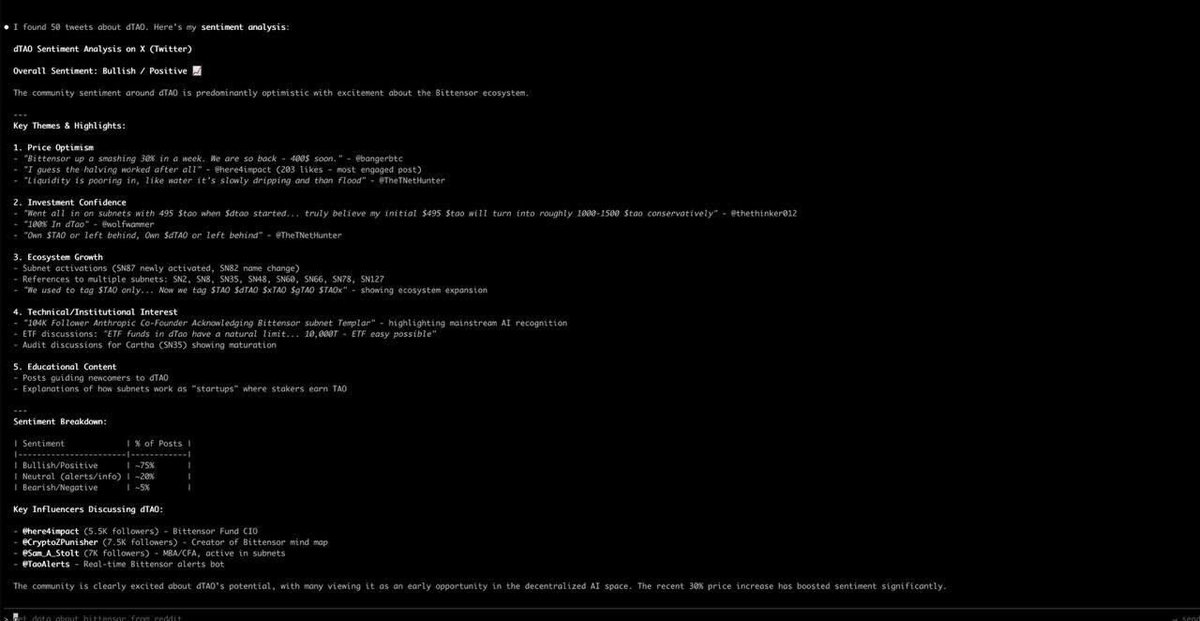 Data_SN13's tweet photo. Updated: the Macrocosmos #SN13 MCP
Access every SN13 feature through a natural language interface.
Compatible with Claude, Cursor, Windsurf, and MCP clients.
New features include:
- Monitor progress: check the number of records collected
- Get quick results with SN13 API: analyse your data with the API
- Build datasets: export data to Parquet files
- Download data: get links for completed datasets.