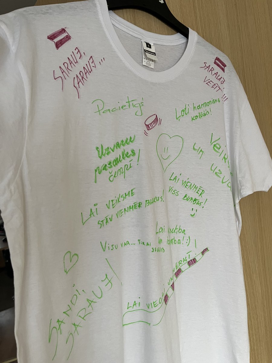 Pirmkārt, pateicos visiem, kas padalījās ar savām idejām pašapdāvināšanās dāvanai!🙏 Lieciet bookmarkus - noderēs!

Otrkārt, arī šī ideja jums var noderēt. Pasākumā izlozēju, manuprāt, vērtīgāko dāvanu - krekliņu, uz kura kolēģiem bija jāuzraksta novēlējums man. Izcila dāvana!🥰