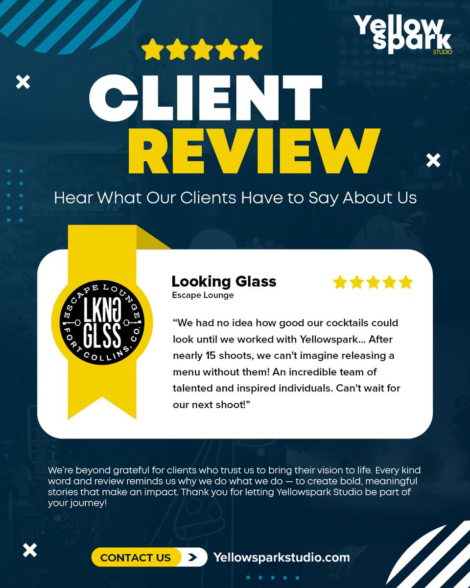 YellowsparkAD's tweet image. One of our first Google reviews from Looking Glass means a lot. What started in 2022 has grown into a long-term creative partnership built on trust, consistency, and shared vision.

The best work is built over time.

Spark Your Vision

yellowsparkstudio.com

#YellowsparkStudio