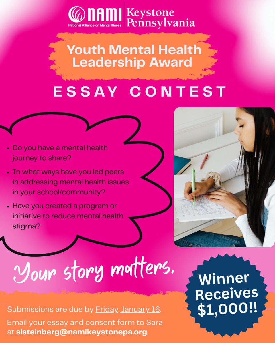 NAMIKeystonePA's tweet image. Calling all young mental health advocates who also LOVE to write!  Our 2026 Youth Mental Health Leadership Award Essay Contest is on!  The winner will receive a $1,000 scholarship &amp;amp; award. The essay &amp;amp; submission form are due by Fri., Jan. 16. Learn more:  tinyurl.com/NKPAYouthCon20…