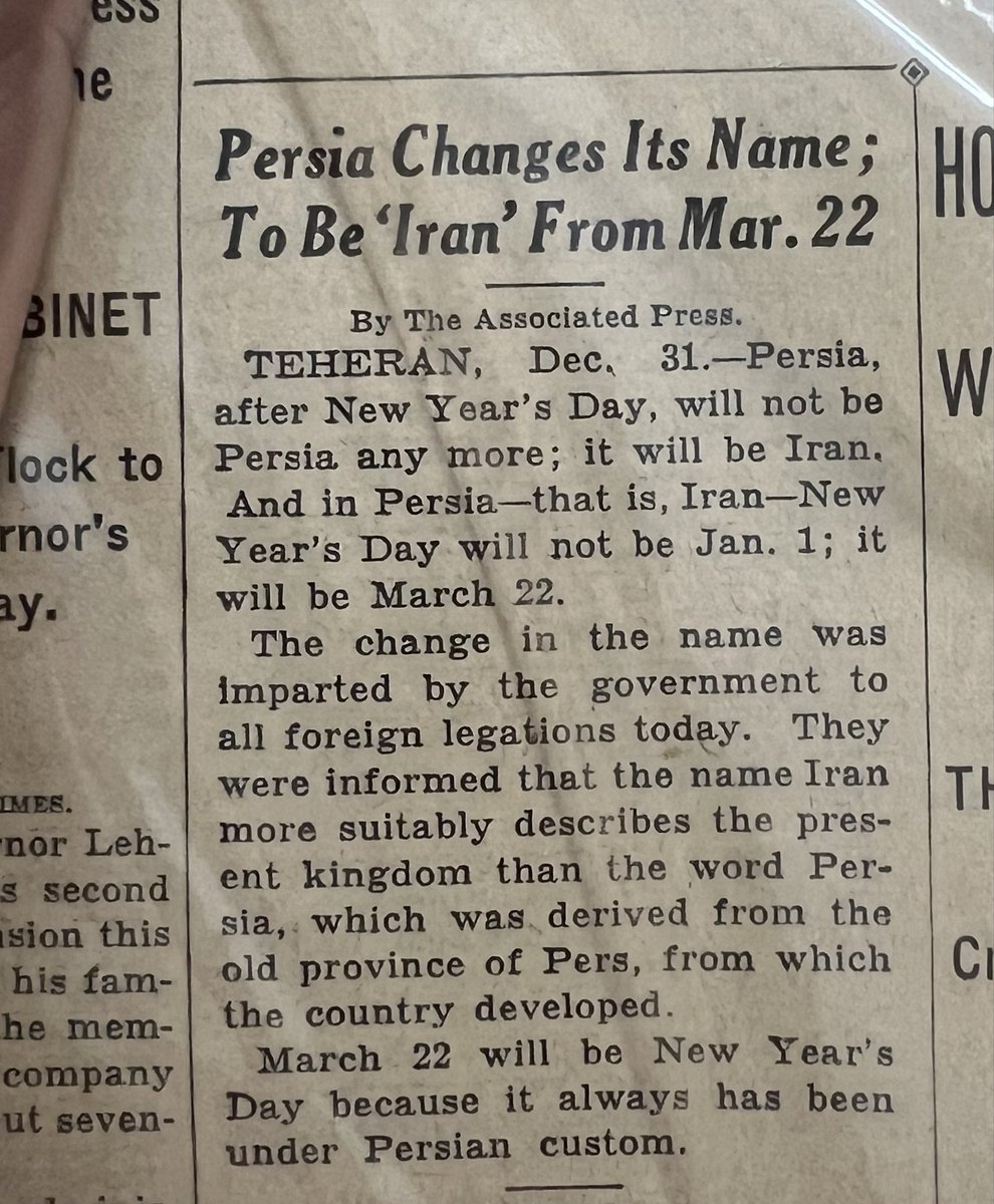 alifnomad's tweet image. I have the newspaper when it was announced Persia to change name to Iran. Jan 1, 1935