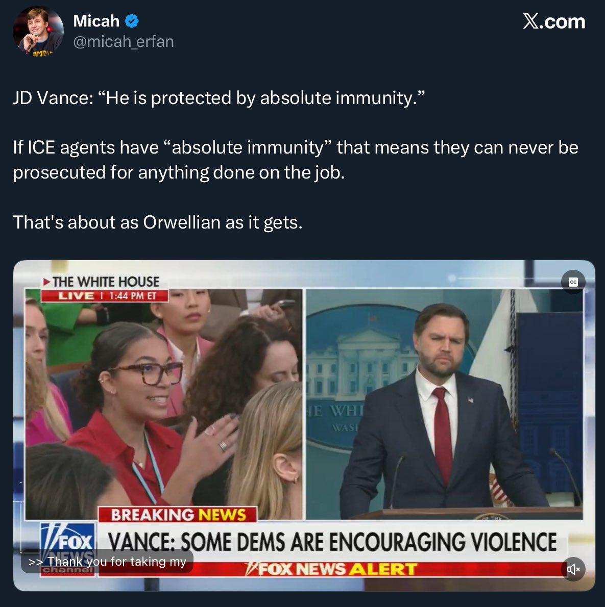 Vance: Die Einwanderungspolizei ICE hat „absolute Immunität“. Damit haben die USA aufgehört, ein Rechtsstaat zu sein. Denn dieser zeichnet sich dadurch aus, dass die Bürger sich vor Gericht gegen rechtswidriges staatliches Handeln wehren können.