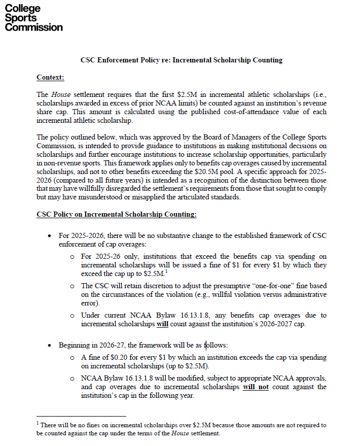 CSC releases Enforcement Policy on Incremental Scholarship Counting for 2026-27 to "provide guidance to institutions in making institutional decisions on scholarships and further encourage institutions to increase scholarship opportunities, particularly in non-revenue sports."