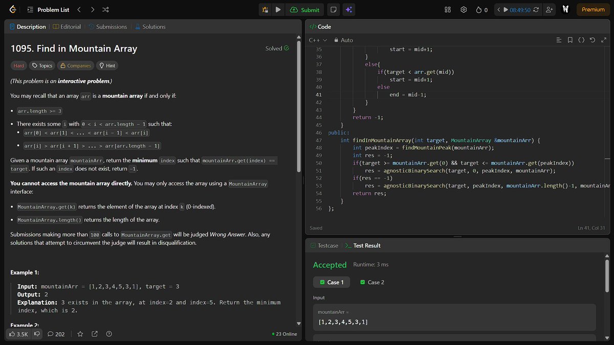 Wannabe_01_'s tweet photo. #Day183 of grinding until I land a job!🚀
- Find Peak Element
- Peak Index in a Mountain Array
- Find in Mountain Array
- Search in a 2D sorted Matrix
SQL: The Number of Employees Which Report to Each Employee
#DSA #100DaysOfCode #ALGO #SQL #LeetCode https://t.co/fXlwaWkm1x