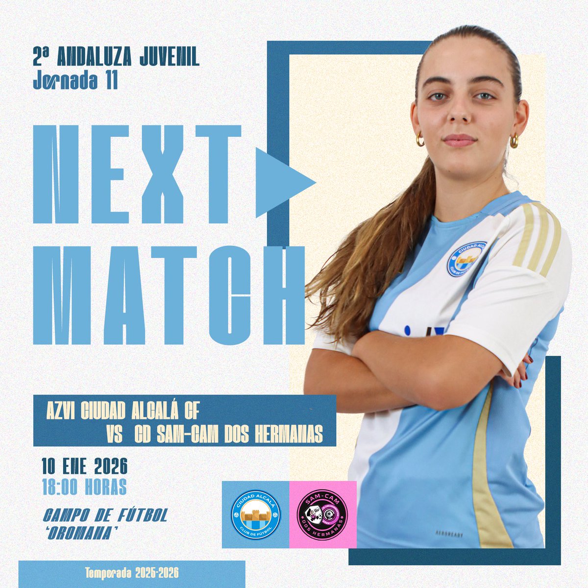 😏 ᴀʟ ᴇᴄᴜᴀᴅᴏʀ ᴄᴏɴ ᴅᴇᴄɪsɪᴏ́ɴ 👊🏼

El Azvi #CiudadAlcaláCF Juvenil, ya campeón de invierno, finaliza este sábado la primera vuelta con la opción de distanciarse en la tabla.

🆚 #CDSAMCAM
⏰ Sábado 10, 18:00h
📍 Campo de Fútbol Oromana

#AlcaládeGuadaíra #FutFem 🩵🤍🩵