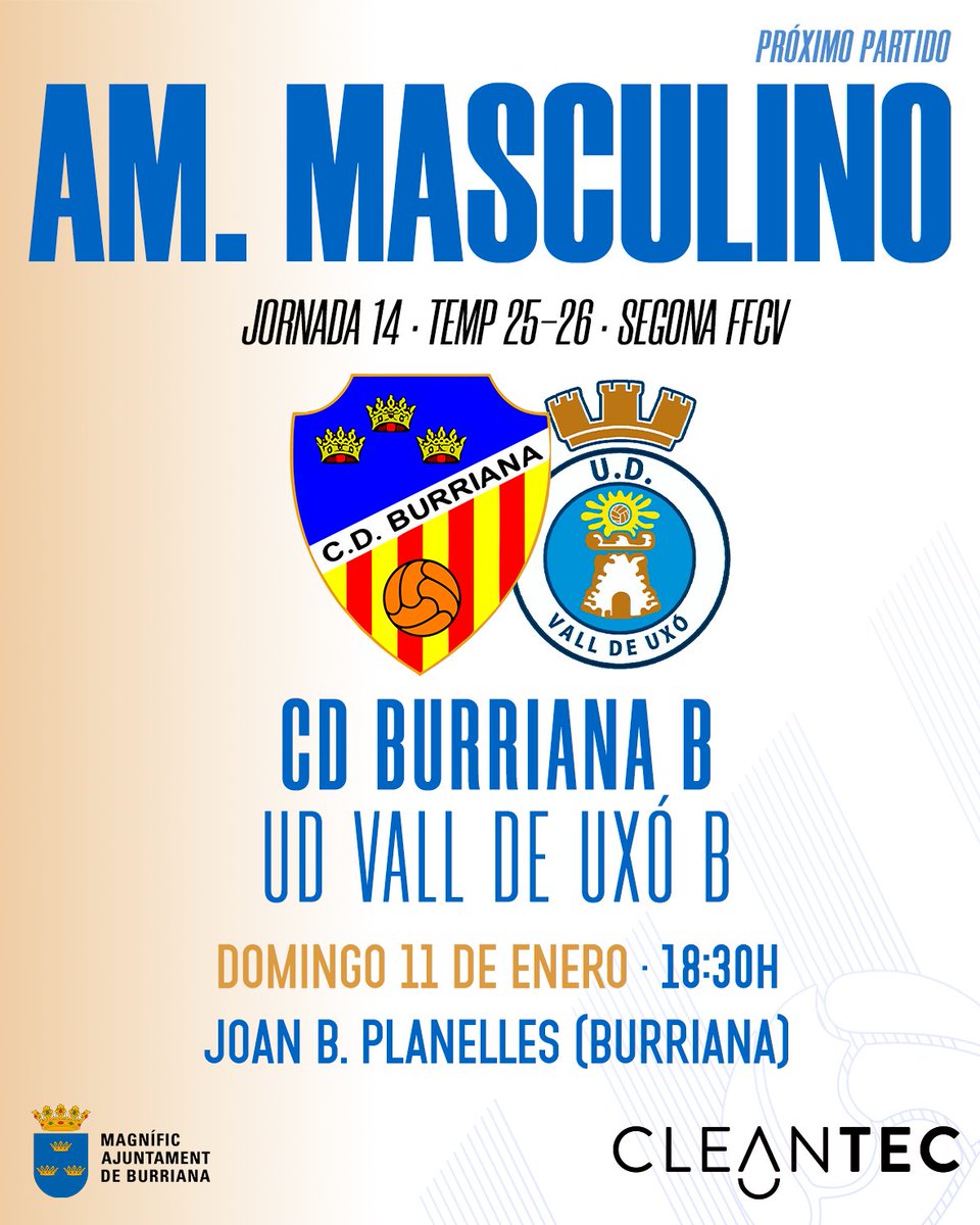 𝗣𝗔𝗥𝗧𝗜𝗗𝗢𝗦 𝐀𝐌𝐀𝐓𝐄𝐔𝐑𝐒. 🔜⚽️

👧 El Femenino comenzará el año en la comarca del Camp de Morvedre frente al Estivella CF.

👦🏻 El Burriana B también estrenará año y lo hará disputando el ‘Miniclásico de La Plana Baixa’ en casa.

#CanteraCDBurriana #ElBurrianaEsFaSentir